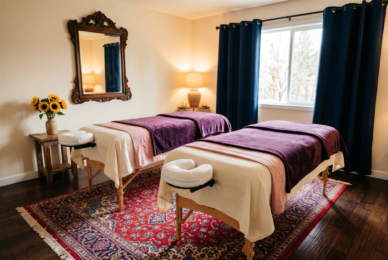 Body Integration's couples massage room — two tables with plum blankets ready side by side